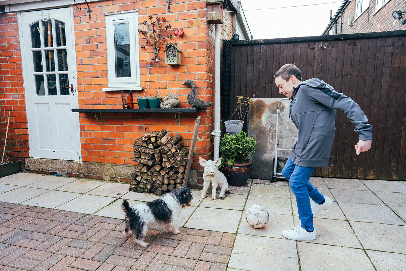 A young man playing football, a small dog is watching the ball with interest