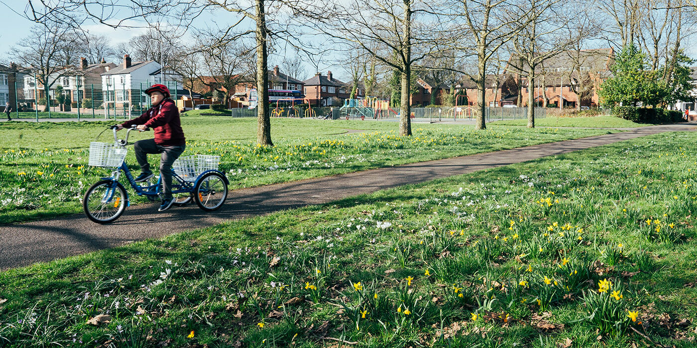 young man on a bike, riding through a park on a sunny day